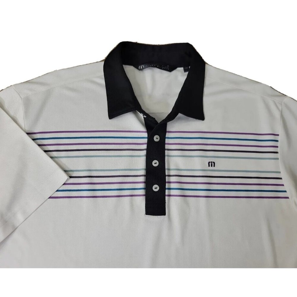 Travis Mathew Golf Men's Large White Stripe Polo Shirt Lightweight Knit Pique SS